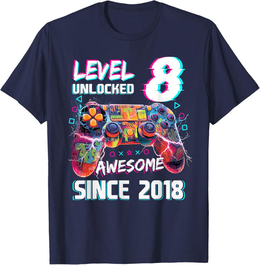 Level 8 Unlocked Video Gamer 8th Birthday Video Gamer Boys T-Shirt - T-Shirt | Navy