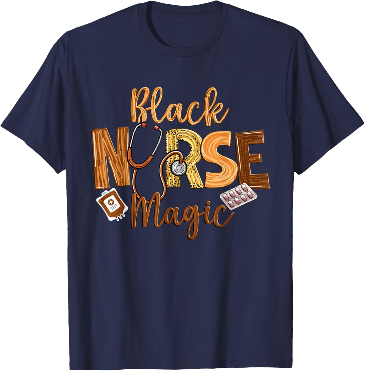 Black Nurse Magic Stethoscope IV Pills Art T-Shirt - T-Shirt | Navy