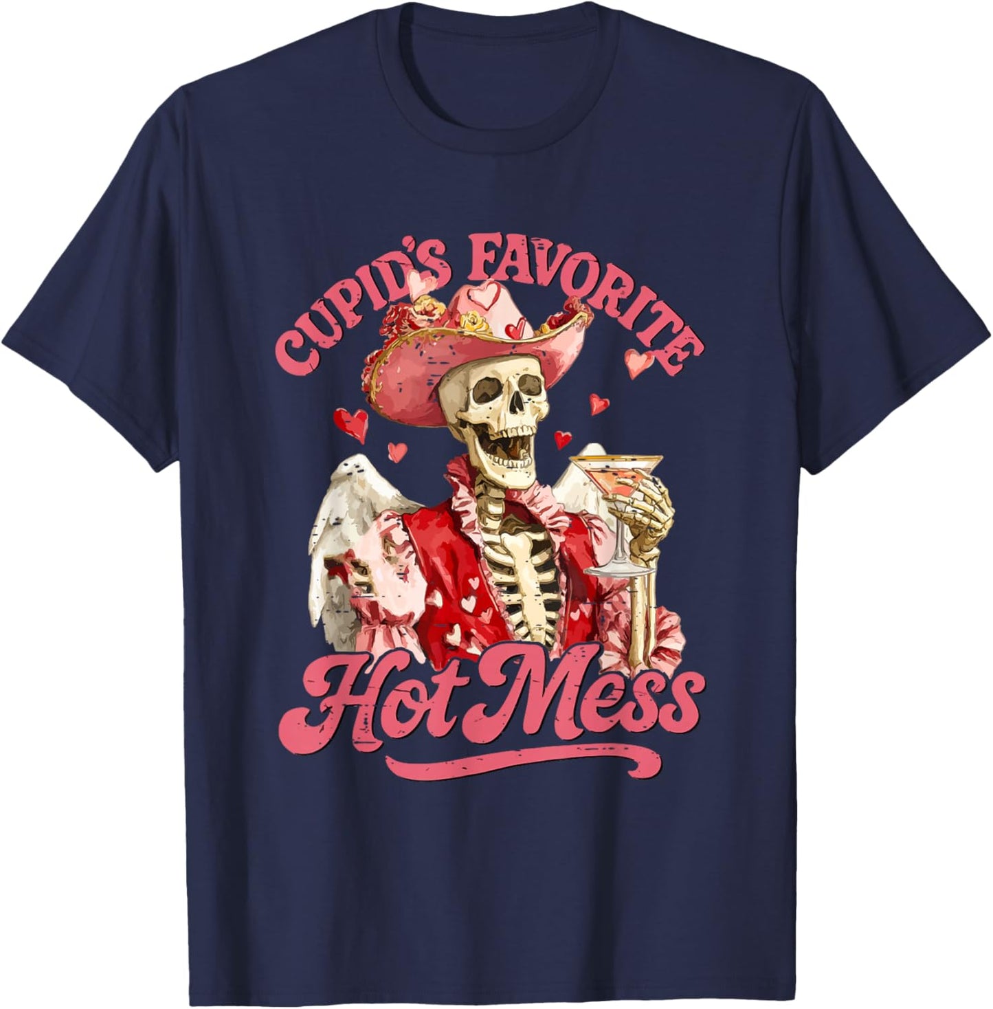 Retro Cupid's Favorite Hot Mess Funny Skeleton Valentine T-Shirt - T-Shirt | Navy