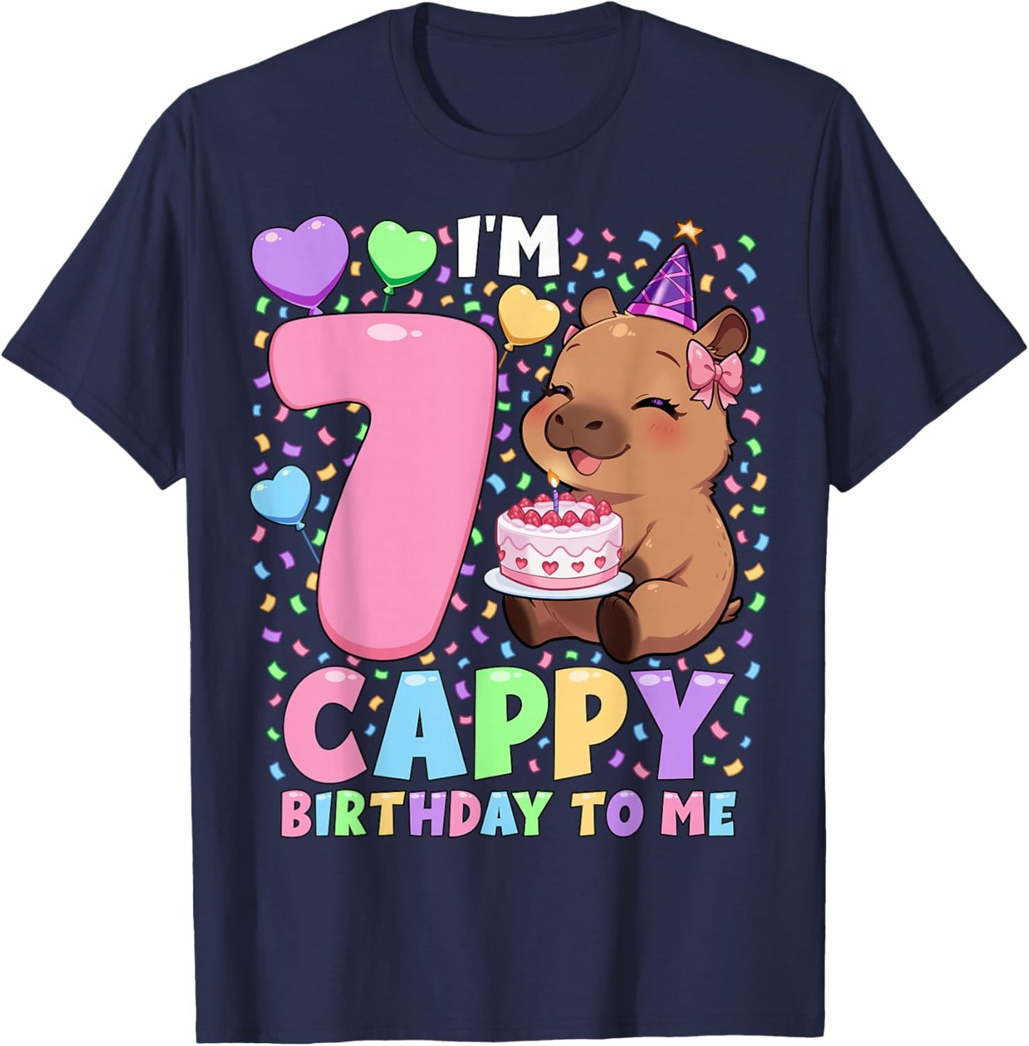 Capybara Birthday Shirt 7 Kawaii Girl Capybara 7th Birthday T-Shirt - T-Shirt | Navy