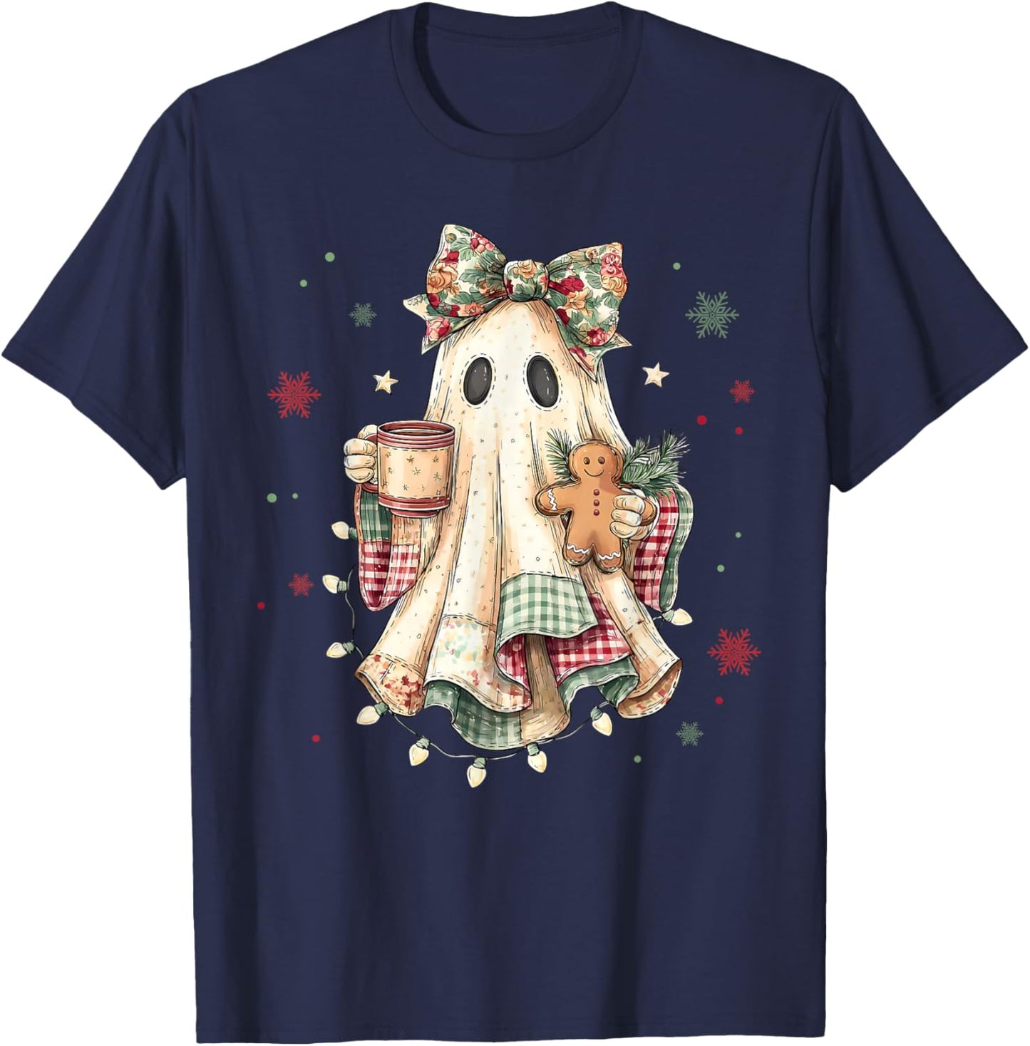 Funny Ghost Gingerbread Merry Christmas Xmas Lights Holiday T-Shirt - T-Shirt | Navy