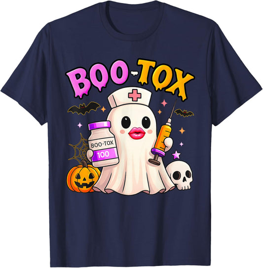 Funny Boo Tox Aesthetic Nurse Ghost Skull Pumpkin Halloween T-Shirt - T-Shirt | Navy