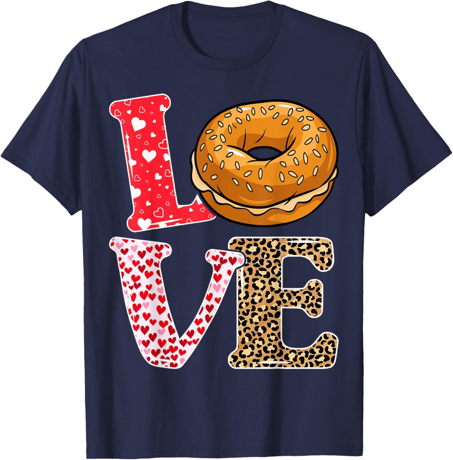 Bread Bagel Love Valentine Leopard Food Pun T-Shirt - T-Shirt | Navy