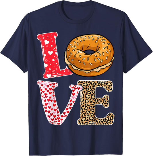 Bread Bagel Love Valentine Leopard Food Pun T-Shirt - T-Shirt | Navy