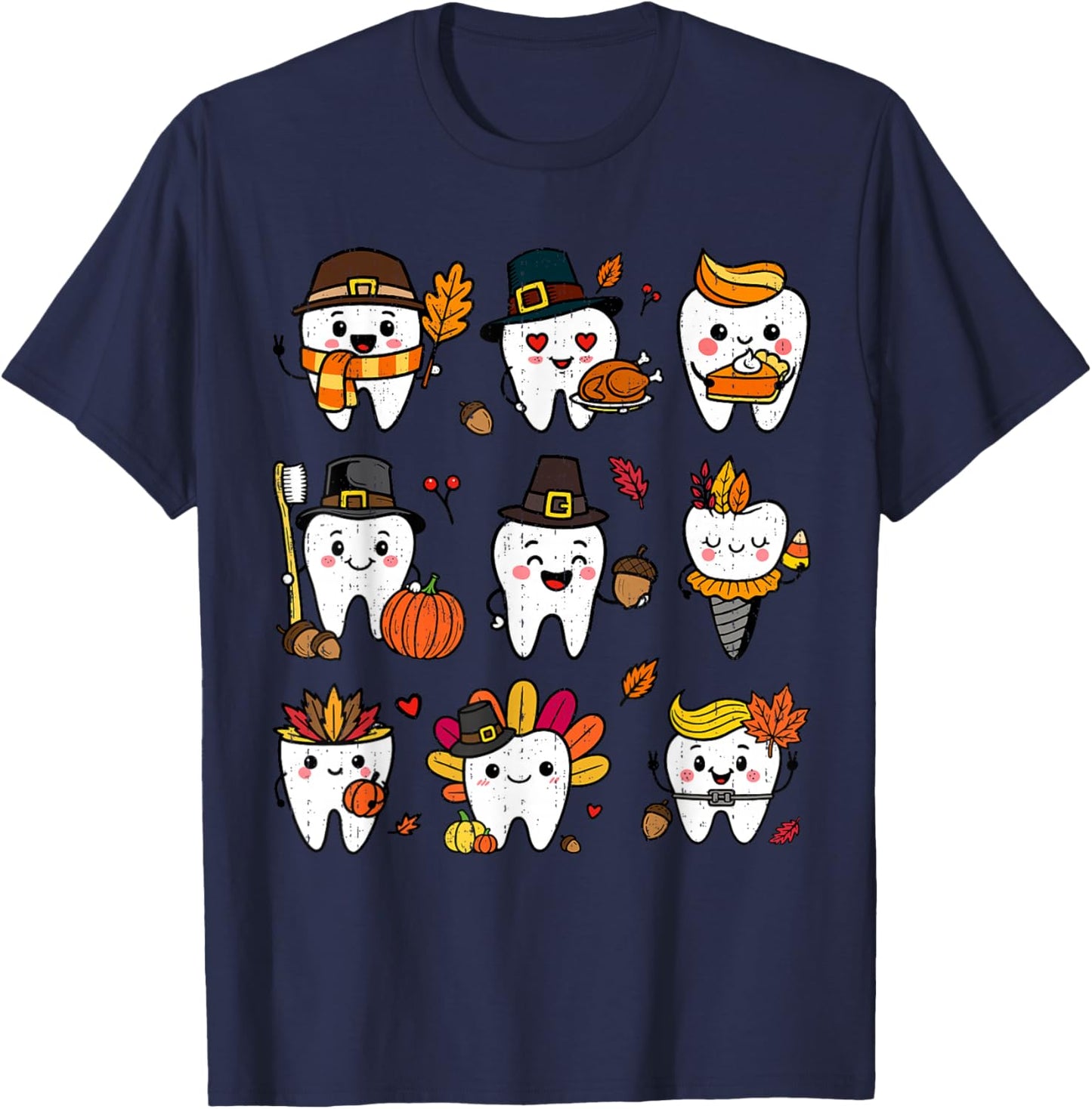 Cute Teeth Turkey Dentist Thanksgiving Fall Dental Assistant T-Shirt - T-Shirt | Navy