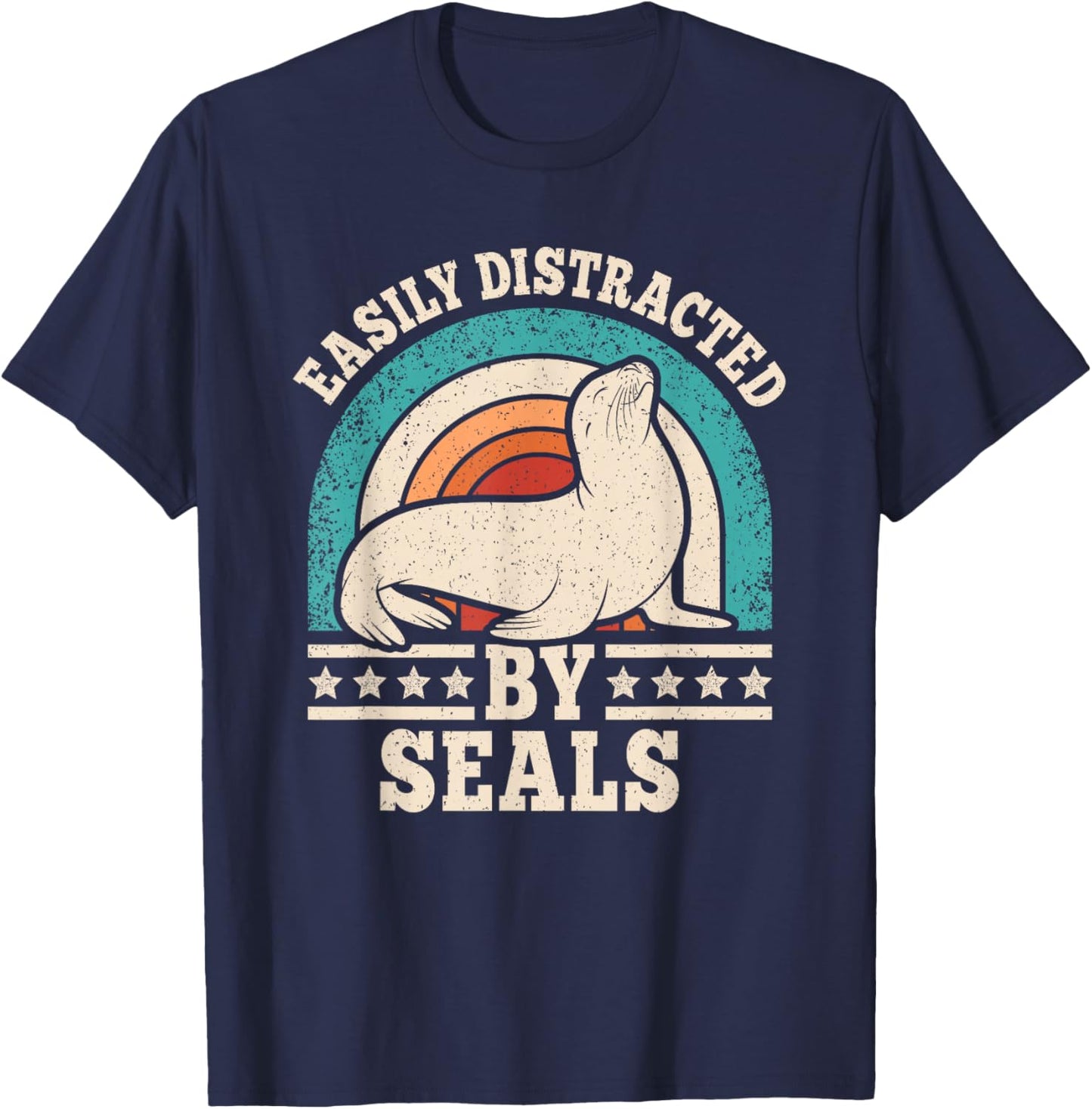 Easily Distracted by Seals Retro Seal Men Women T-Shirt - T-Shirt | Navy