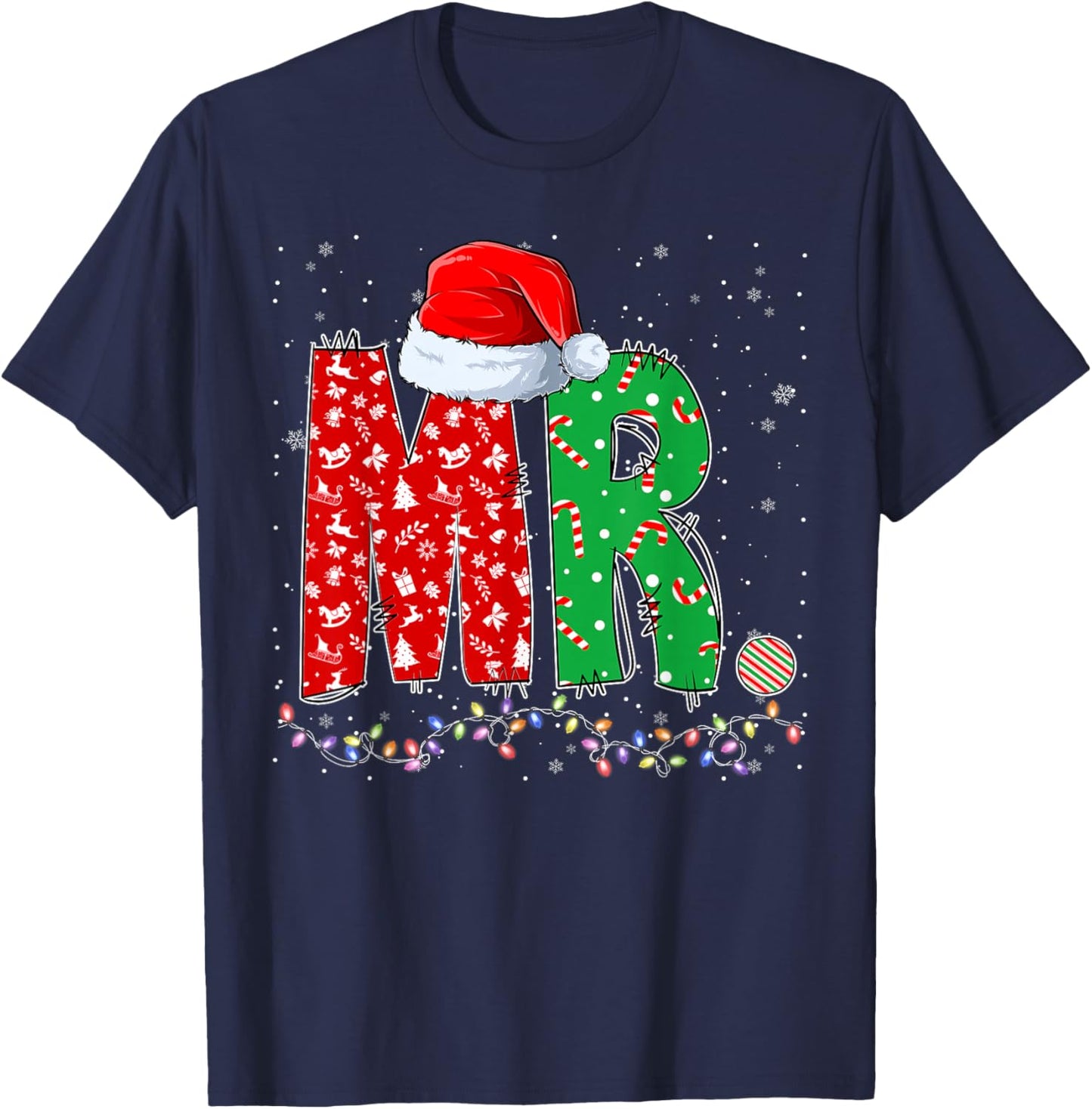 Mr. Santa Hat Xmas Lights Christmas Pajama Matching Couples T-Shirt - T-Shirt | Navy