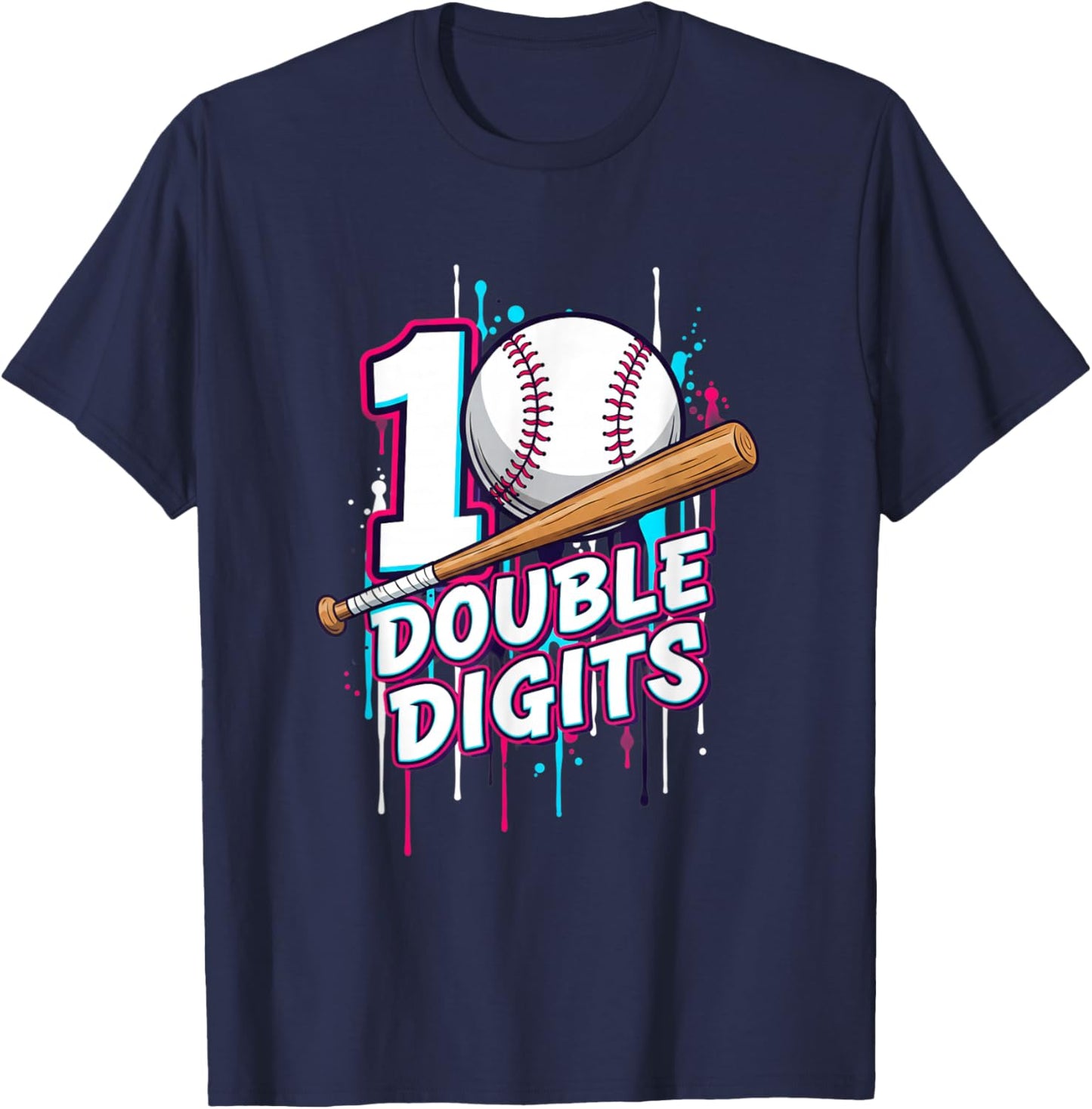 Baseball Double Digits 10th Birthday Drip Design T-Shirt - T-Shirt | Navy