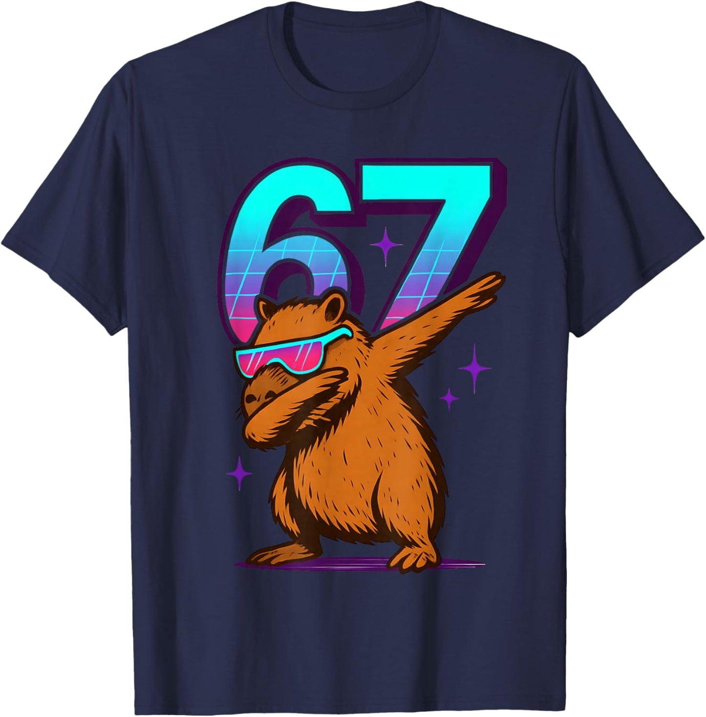 Neon Retro Dabbing Capybara 67 Meme Capy Lover Teens Kids T-Shirt - T-Shirt | Navy