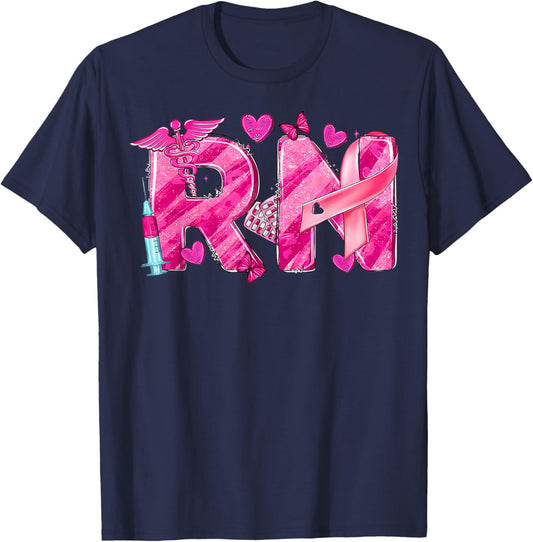 Nurse Breast Cancer Awareness Pink Ribbon Nursing RN Life T-Shirt - T-Shirt | Navy