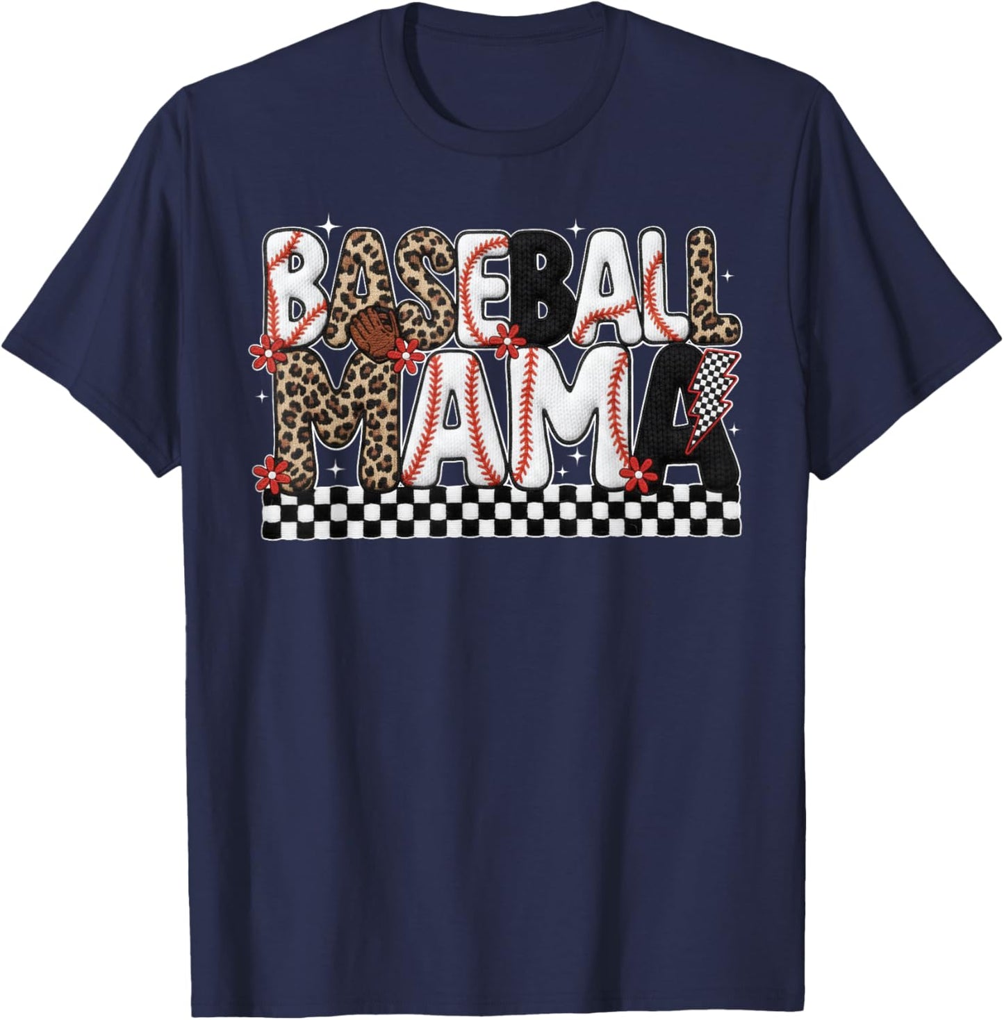 Game Day Baseball Mom Crochet Baseball Mama Checkered T-Shirt - T-Shirt | Navy