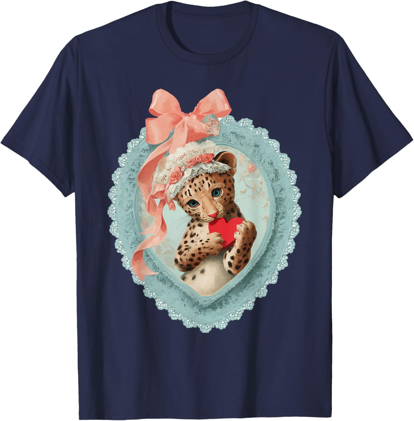 Cute Leopard Valentine with Heart Vintage Animal Coquette T-Shirt - T-Shirt | Navy