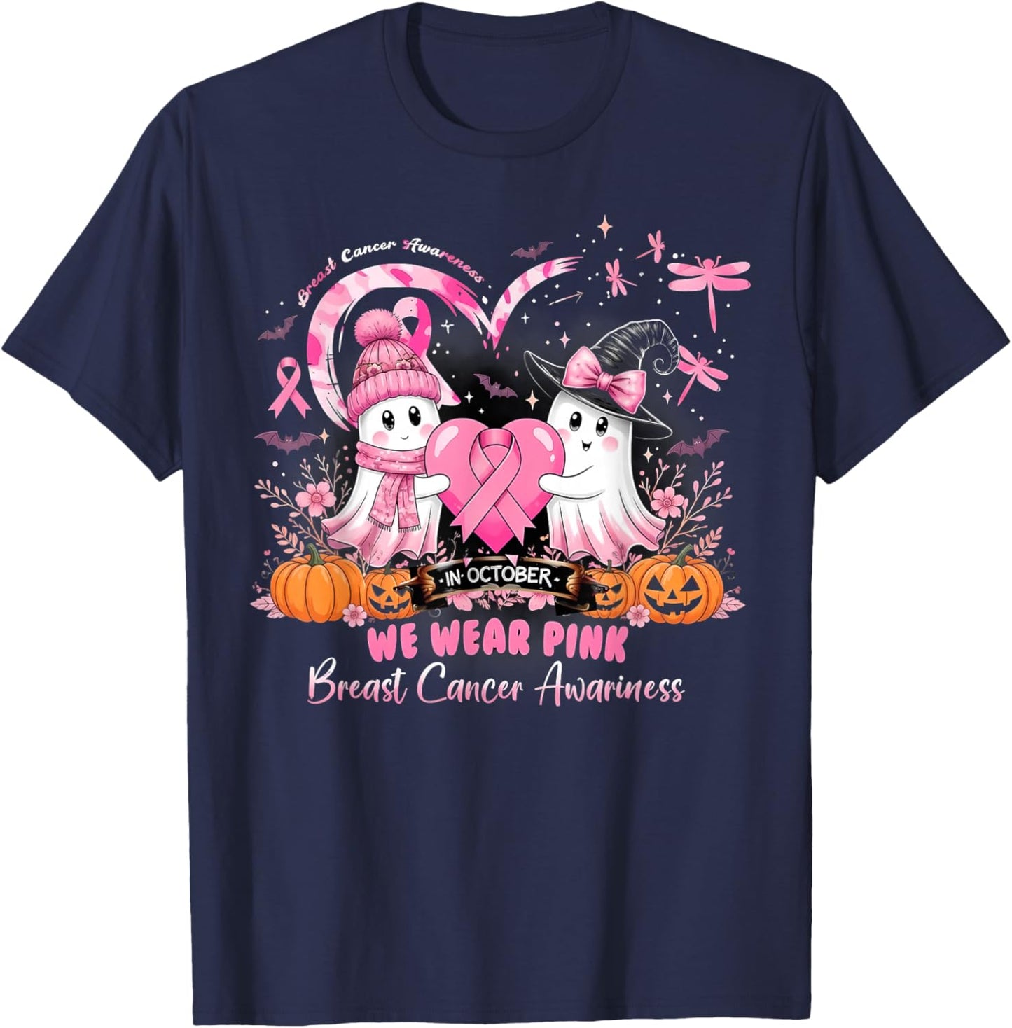 in October We Wear Pink Breast Cancer Dragonflies Awareness T-Shirt - T-Shirt | Navy