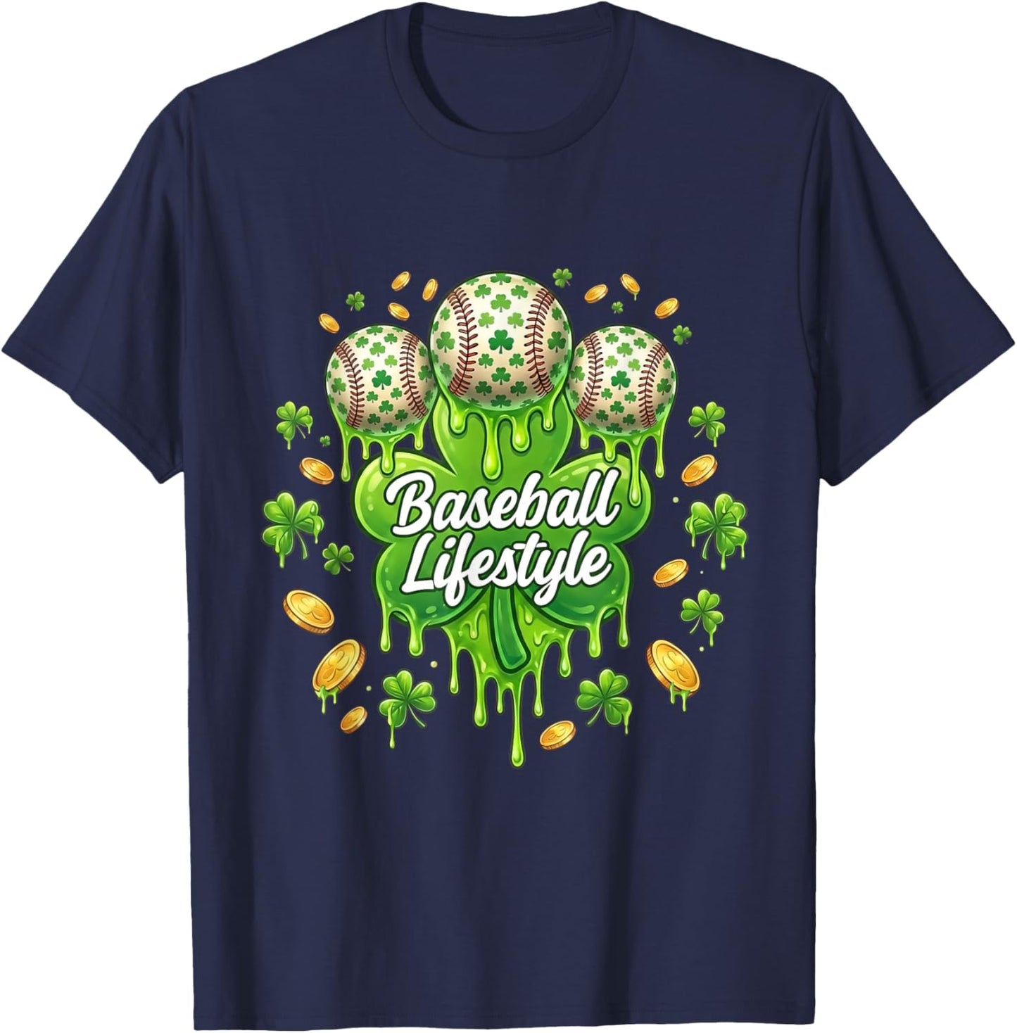 Baseball Lifestyle St Patricks Day Clover Irish Lucky Coins T-Shirt - T-Shirt | Navy