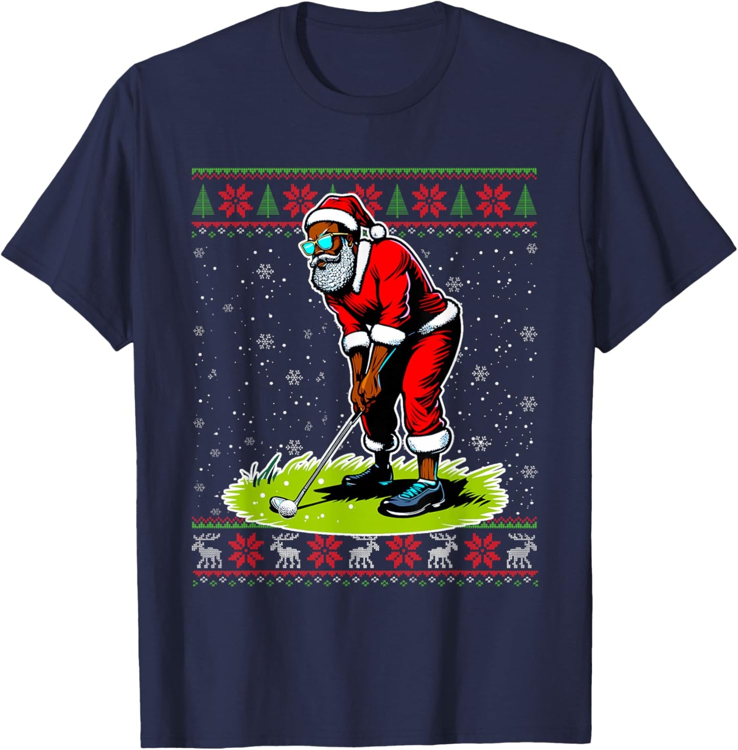 Christmas African American Santa Golf Ugly Christmas Sweater T-Shirt - T-Shirt | Navy