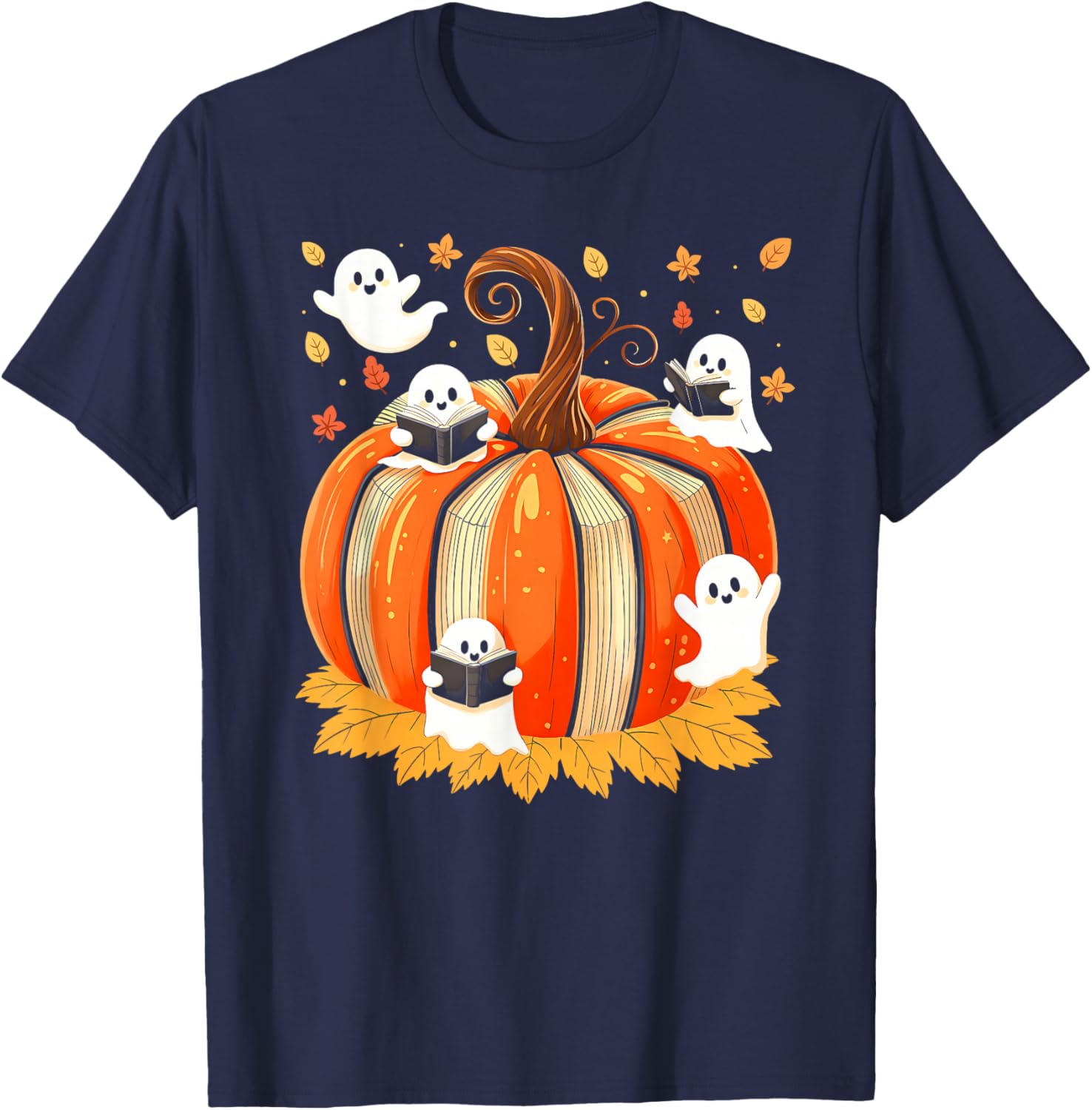 Fall Book Pumpkin Books Ghost Reading Halloween Teacher T-Shirt - T-Shirt | Navy