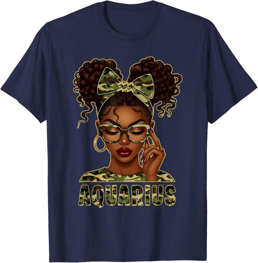 It's My Birthday Aquarius Girl Camo Zodiac Black Queen T-Shirt - T-Shirt | Navy