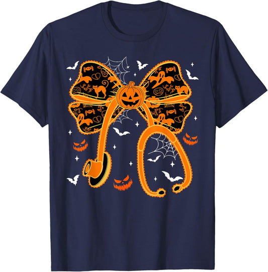 Nurse Funny Stethoscope Nurse Pumpkin Skull Lover Halloween T-Shirt - T-Shirt | Navy