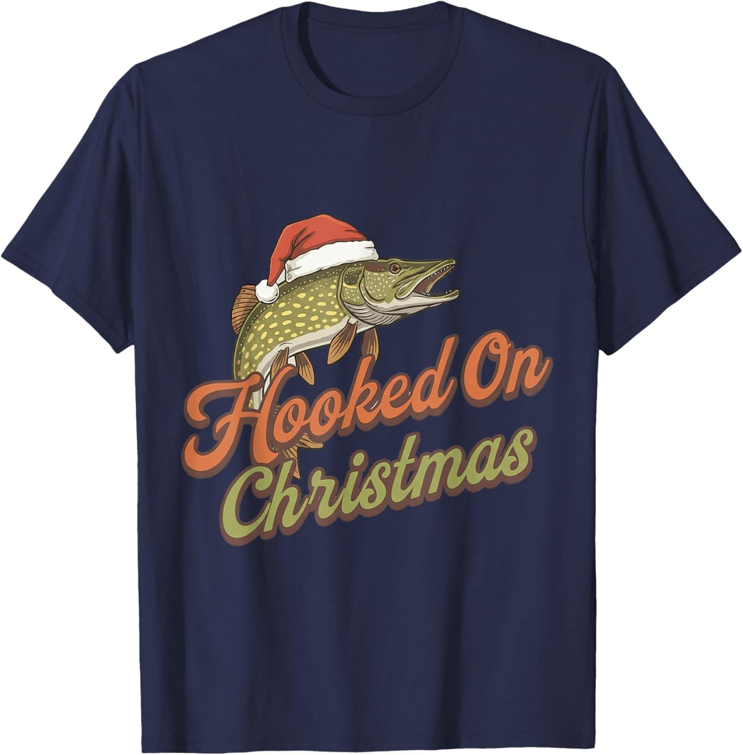 Hooked On Christmas Funny Pike Fishing Xmas T-Shirt - T-Shirt | Navy