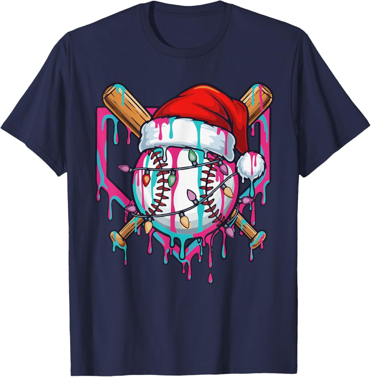 Baseball Christmas Santa Hat Baseball Christmas Drip T-Shirt - T-Shirt | Navy