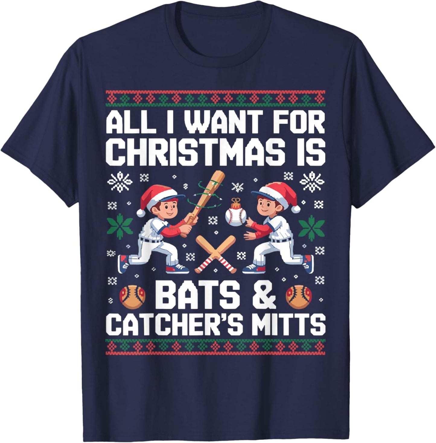 Funny Christmas Baseball Bats Catcher Mitts Holiday T-Shirt - T-Shirt | Navy