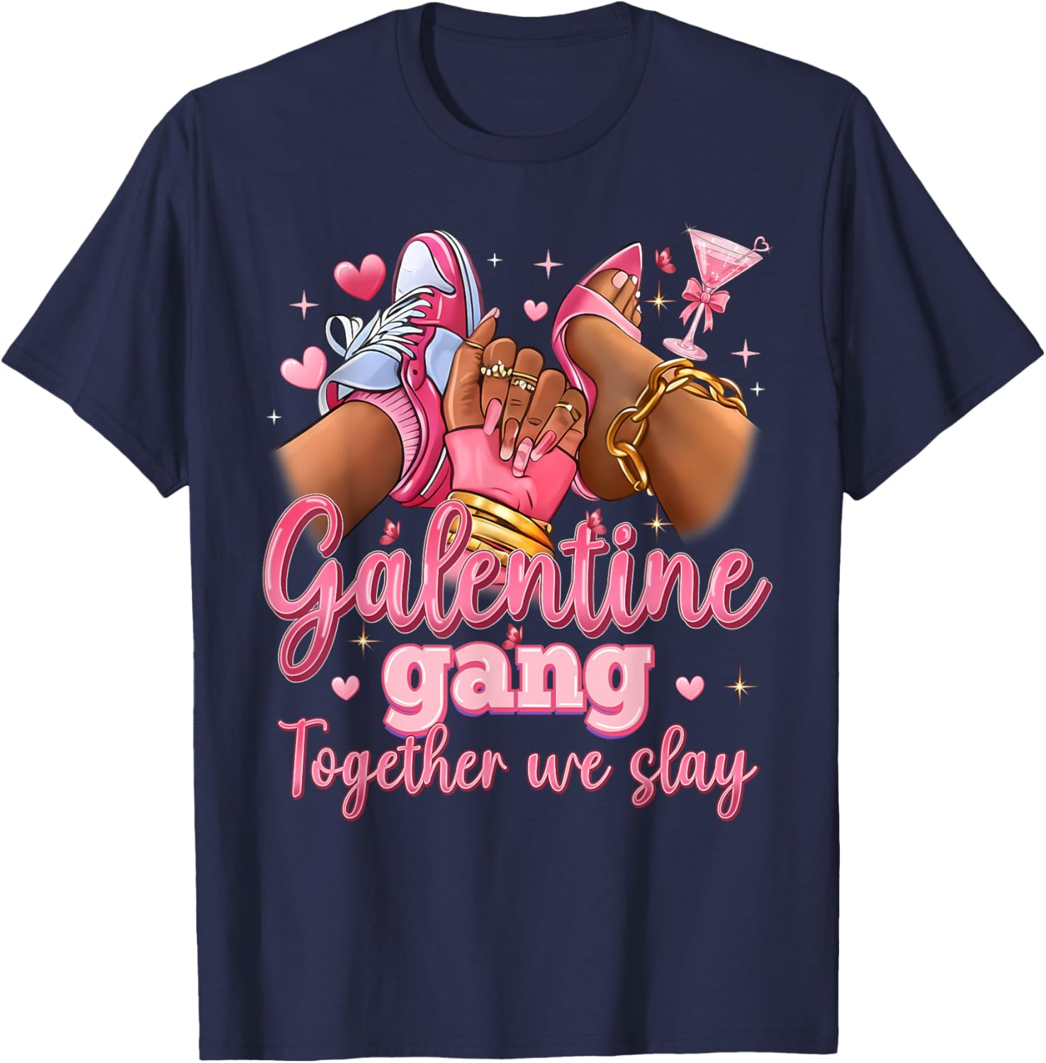 Galentine Gang Black Women High Heels Sneakers Nails Graphic T-Shirt - T-Shirt | Navy