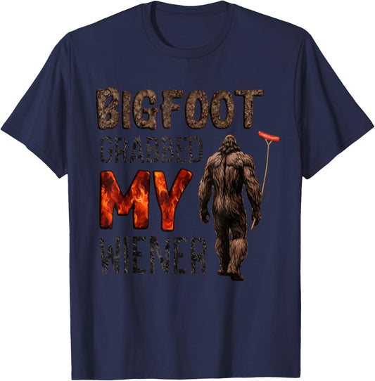 Bigfoot Grabbed My Wiener Sasquatch Funny Retro Camping T-Shirt - T-Shirt | Navy