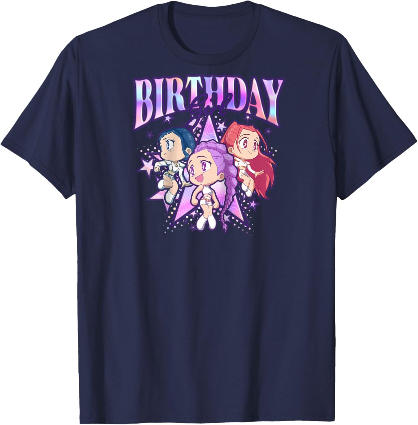 Kpop Demon Hunters Birthday Girl Cute Chibi Group Shot Raglan Baseball T-Shirt - T-Shirt | Navy