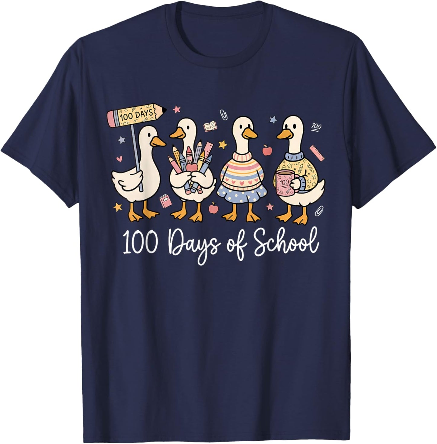 100 Days of School Geese Ducks Classroom Teacher Student T-Shirt - T-Shirt | Navy