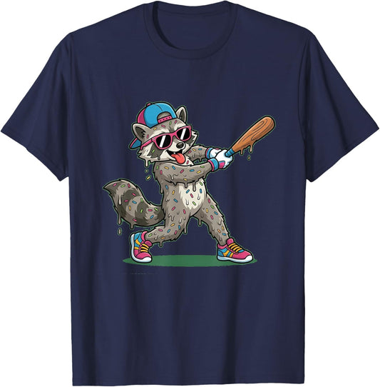 Funny Baseball Raccoon Donut Sprinkle Hitter Trash Panda T-Shirt - T-Shirt | Navy