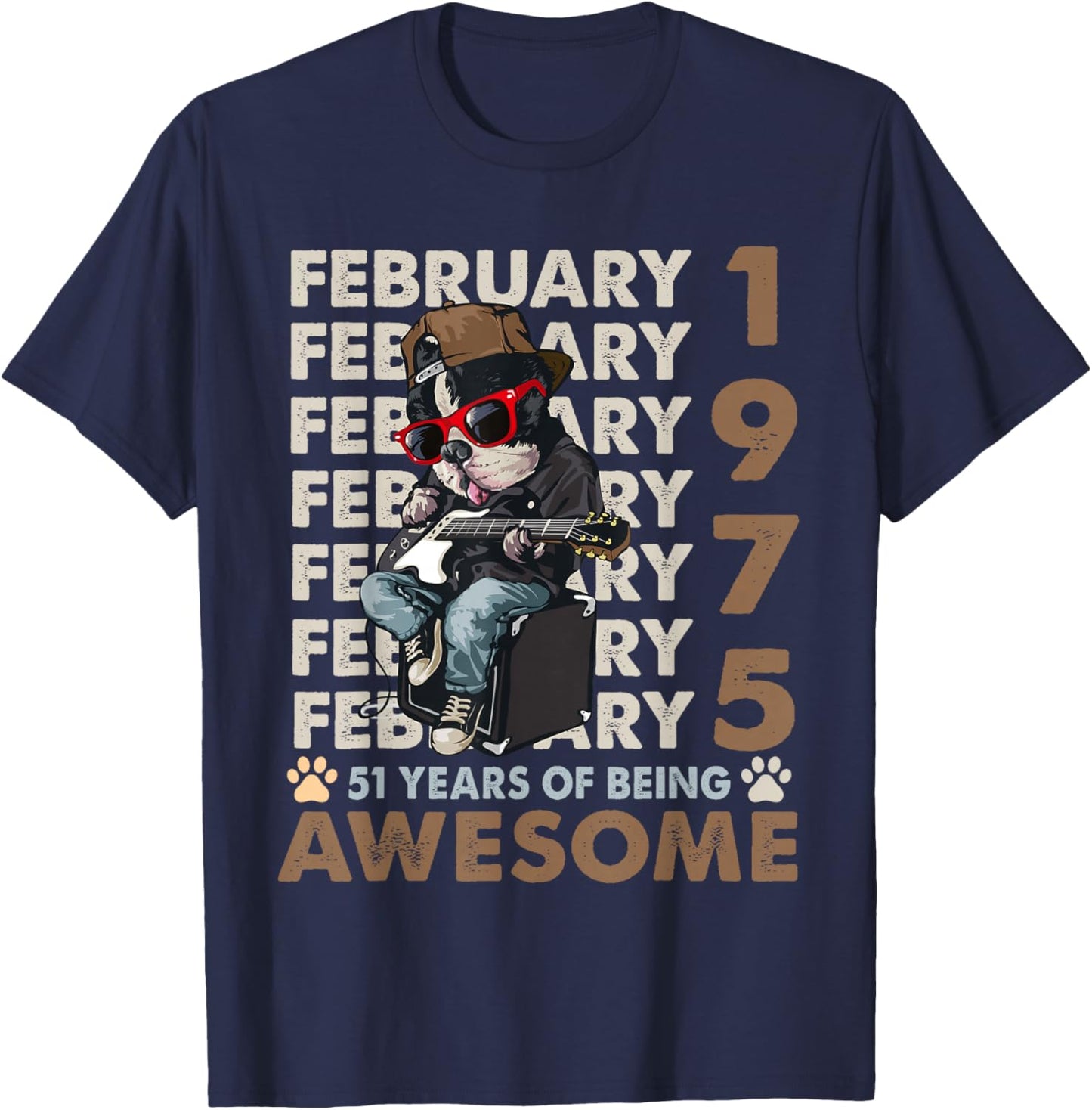 51st Birthday Dog Lover February 1975 Vintage 51 Years Old T-Shirt - T-Shirt | Navy