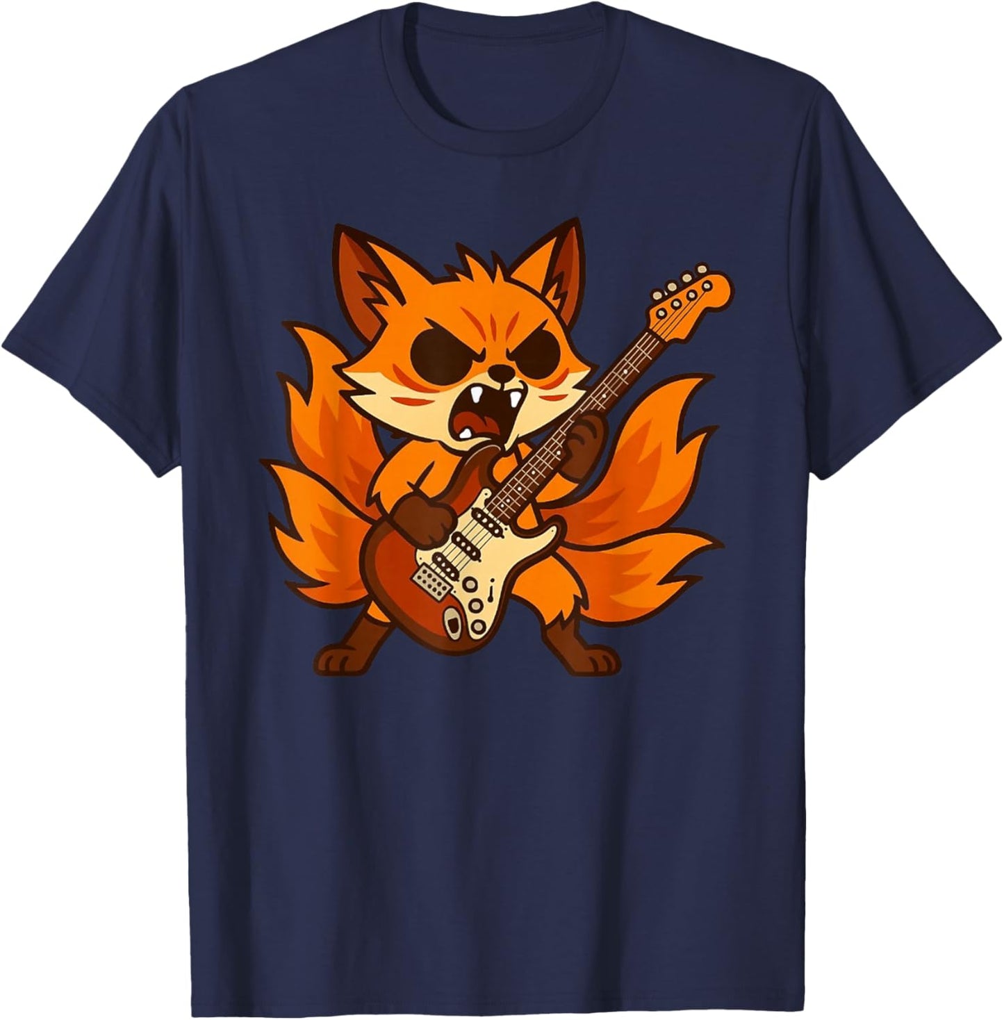 Kitsune Fox Nine-Tailed Rock N Roll Musician Concert T-Shirt - T-Shirt | Navy