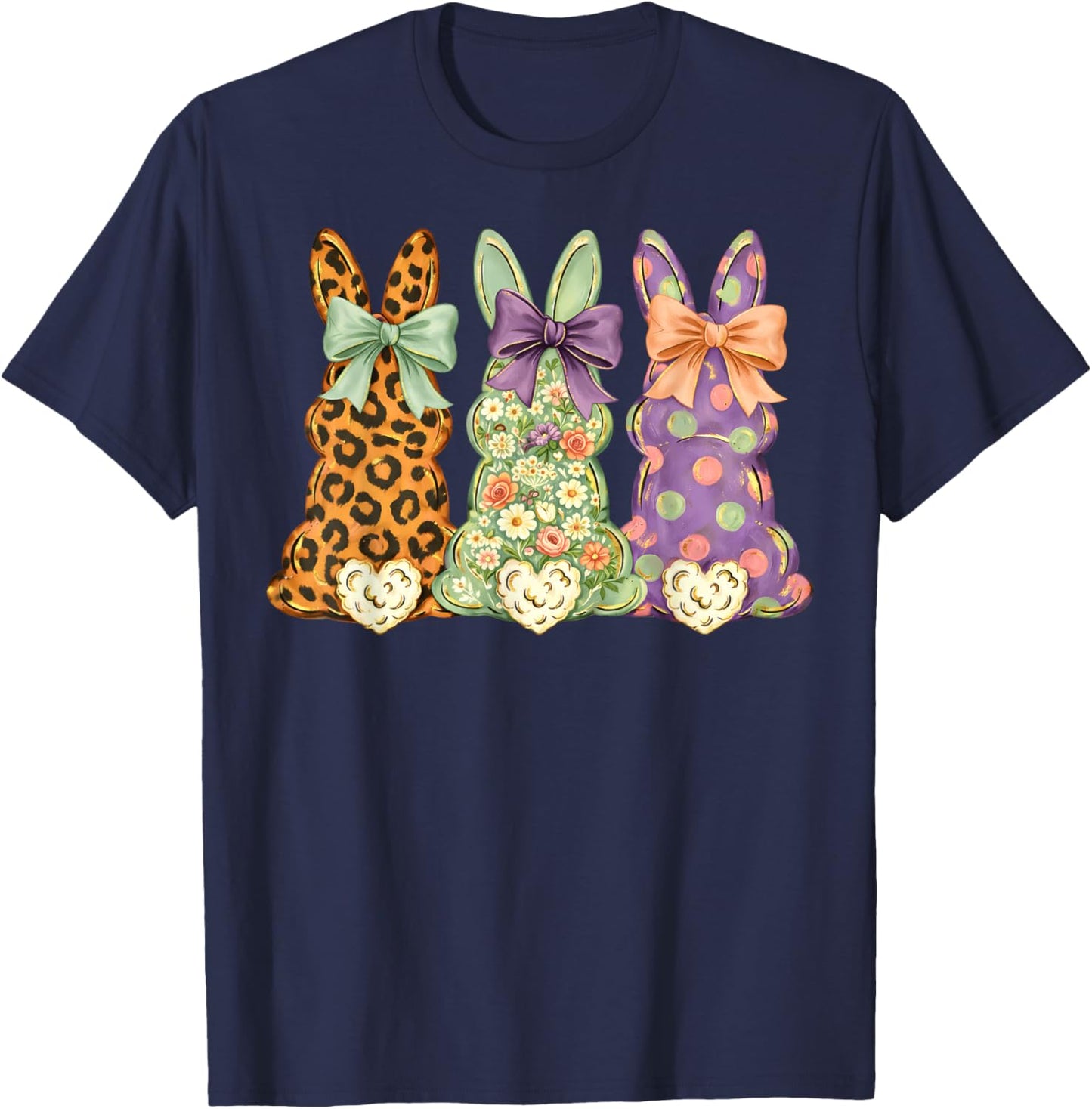 Happy Easter Patchwork Bunny Trio Bow Leopard Floral Dot T-Shirt - T-Shirt | Navy