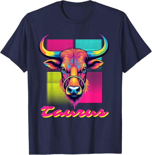Taurus Bull Neon Retro 80s Vaporwave Zodiac Graphic, Taurus T-Shirt - T-Shirt | Navy