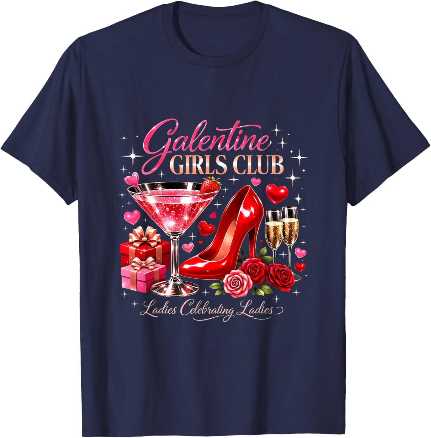 Galentine Girls Club Ladies Celebrating Martini Glass Party T-Shirt - T-Shirt | Navy