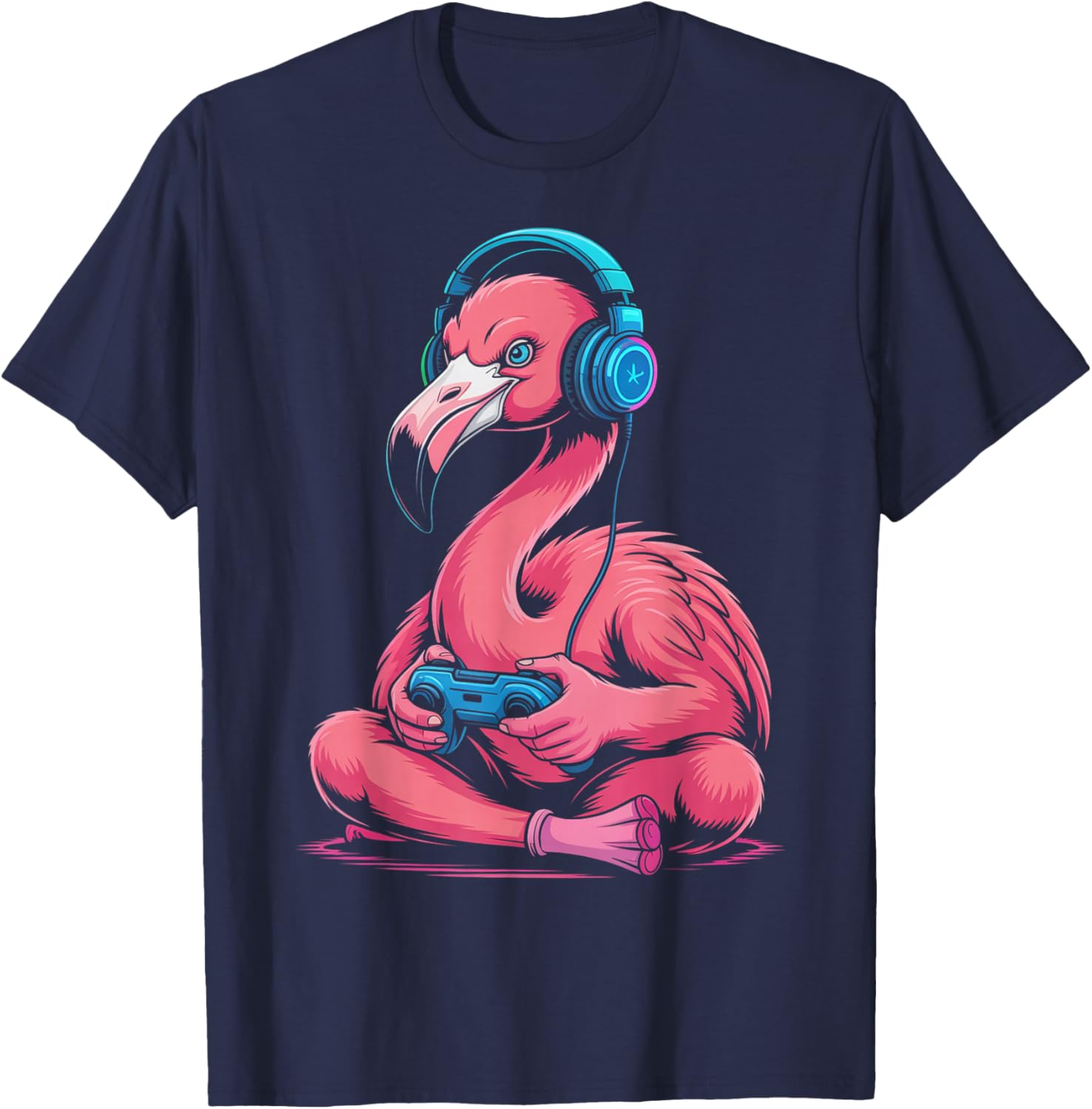 Flamingo Gamer Headphone Video Game T-Shirt - T-Shirt | Navy