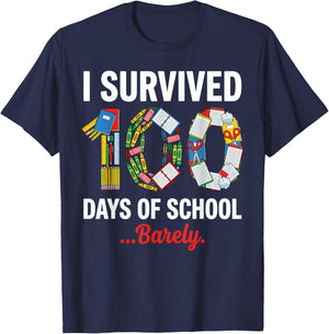 I Survived 100 Days of School Barely Funny Student Teacher T-Shirt - T-Shirt | Navy
