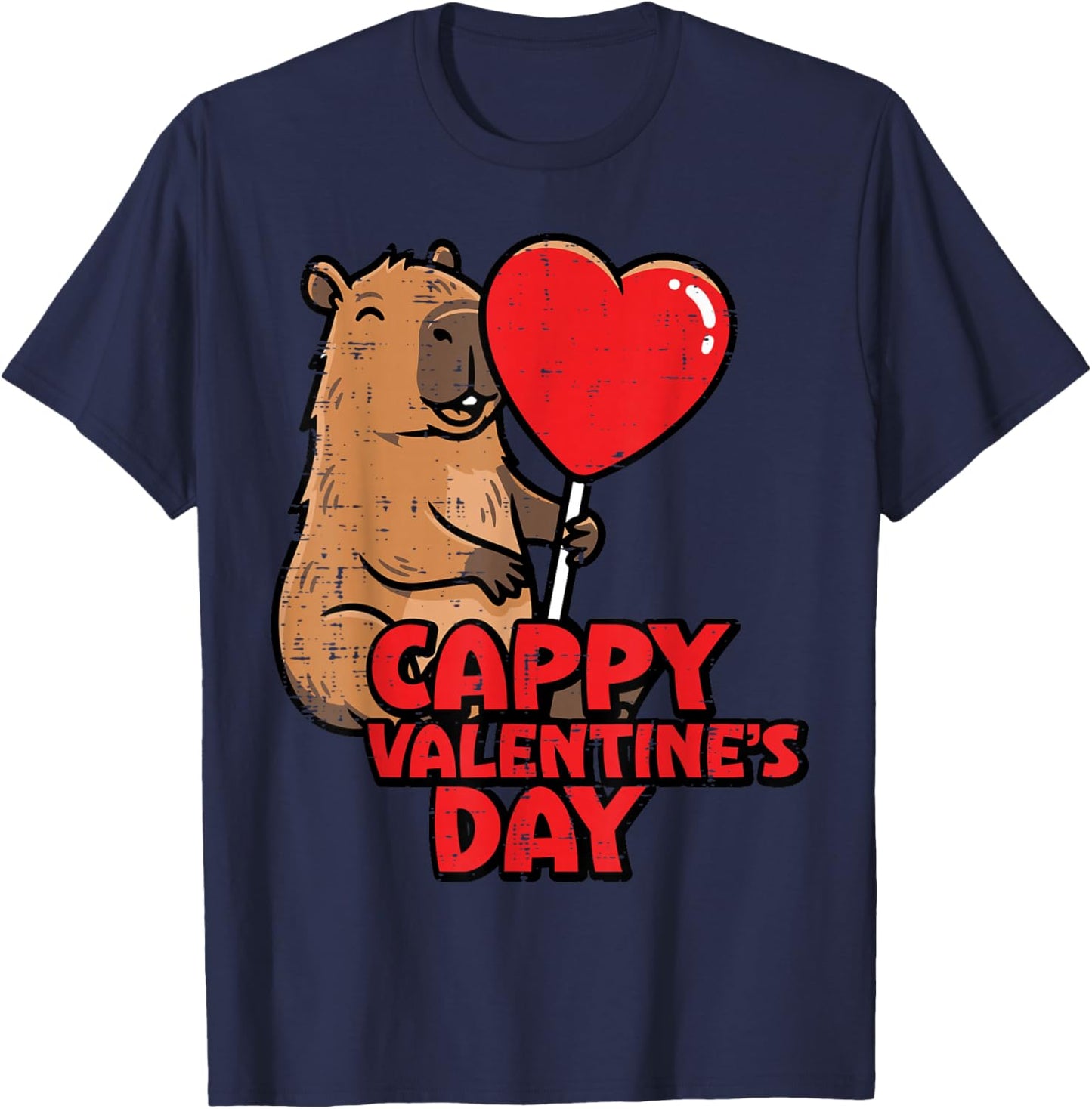 Cappy Valentines Day Capybara Cute Rodent Women Men Kids T-Shirt - T-Shirt | Navy