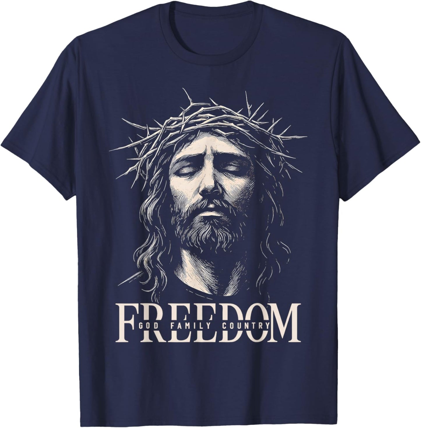 HUGvyn Freedom Jesus Christian Face Crown God Family Country T-Shirt - T-Shirt | Navy