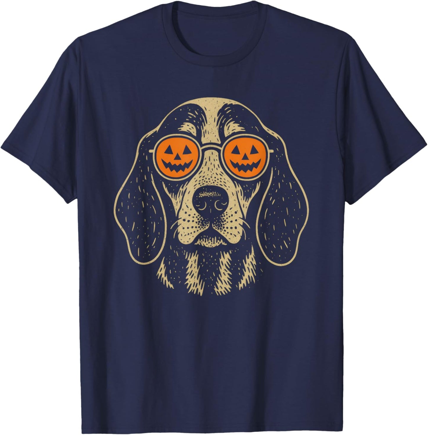 Halloween Bluetick Coonhound Dog with Pumpkin Glasses Gift T-Shirt - T-Shirt | Navy