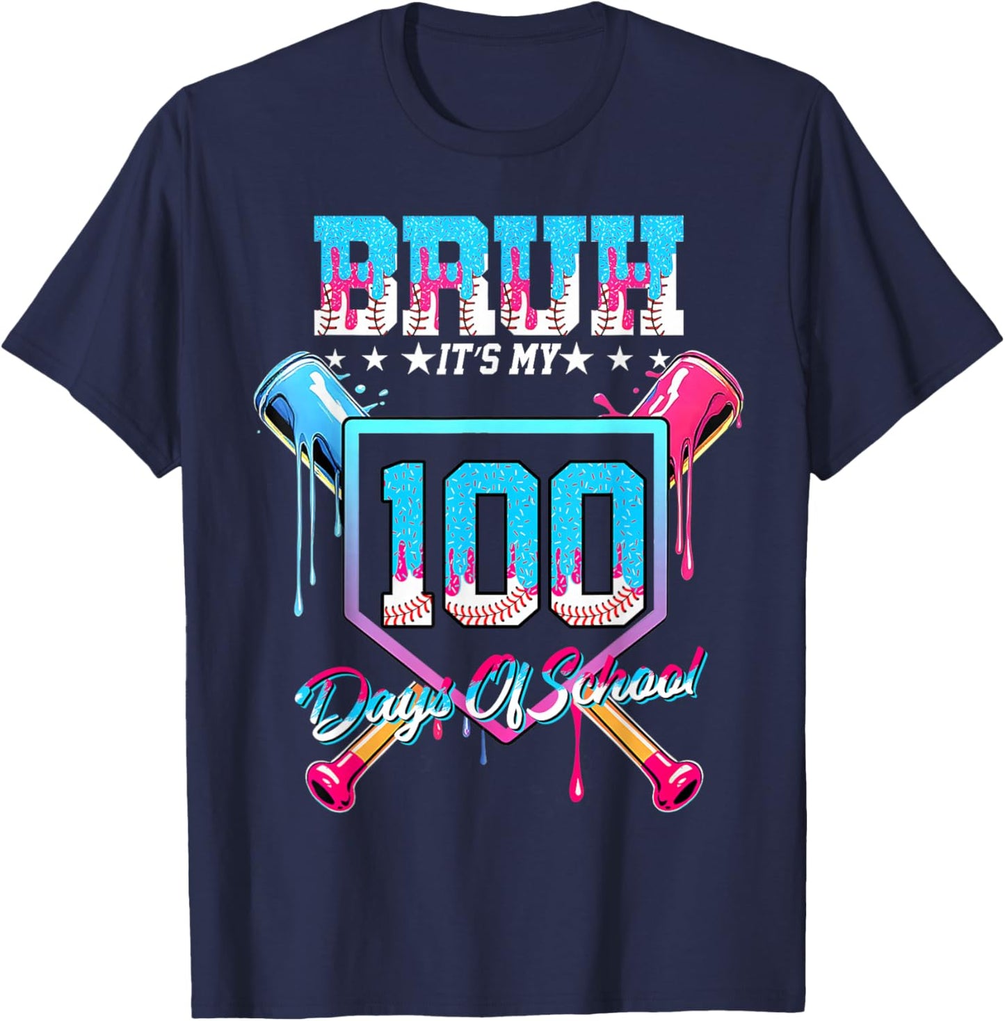 100 Days of School Ice Cream Drip Baseball 100 Days Smarter T-Shirt - T-Shirt | Navy