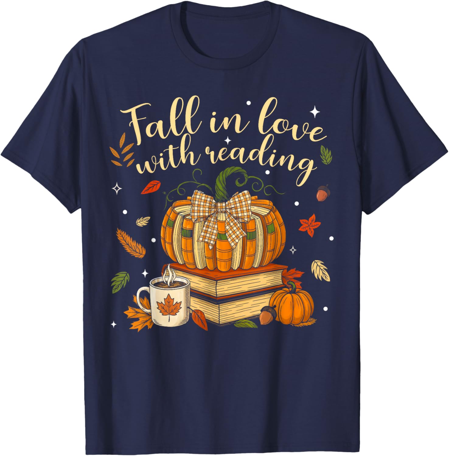 Fall in Love with Reading Book Autumn Pumpkins and Teachers T-Shirt - T-Shirt | Navy