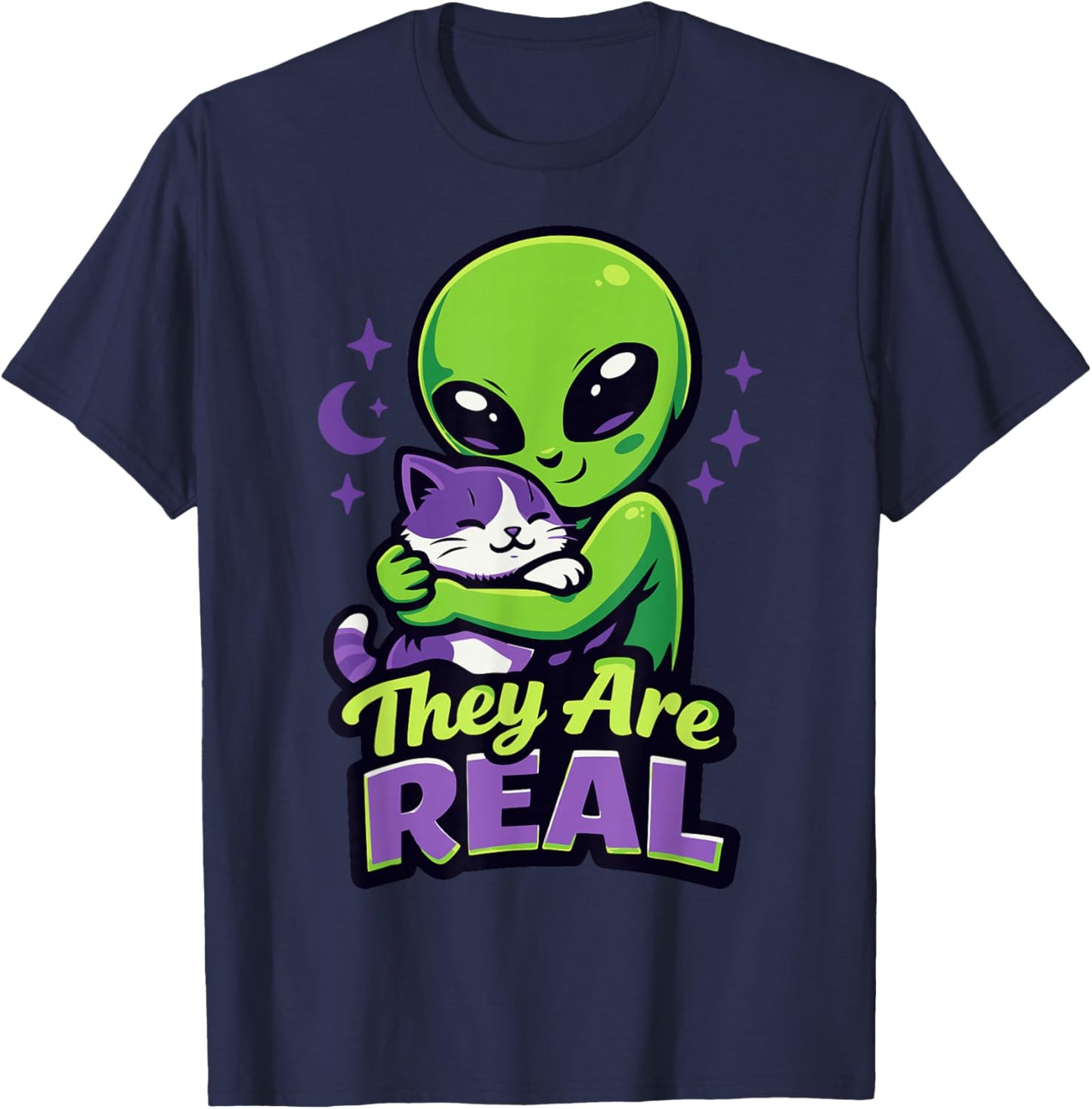 They are Real, Cute Space Cat Hugging Alien T-Shirt - T-Shirt | Navy