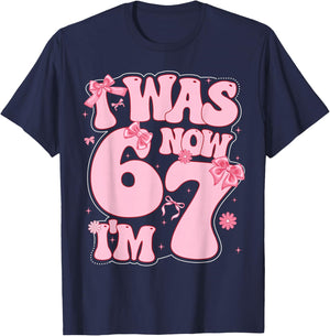 Coquette Bow 7th Birthday Girl I was 6 Now I'm 7 Year Old T-Shirt - T-Shirt | Navy