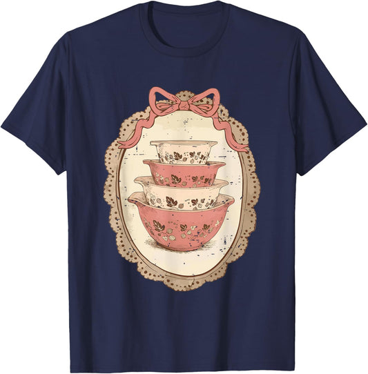 Retro Thrifted Pink Pyrex Grandma Core Coquette Cottagecore T-Shirt - T-Shirt | Navy