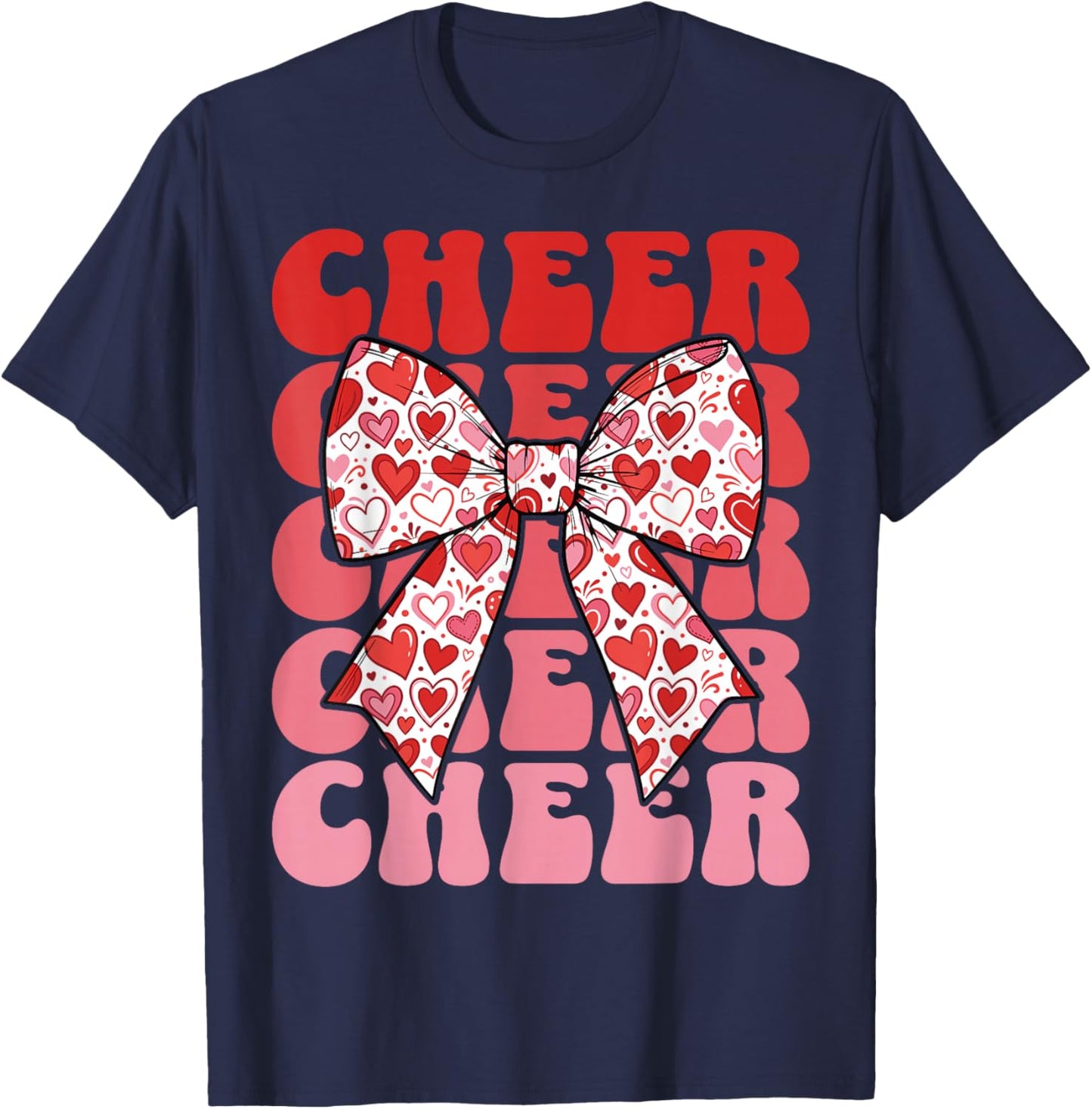 Valentines Cheer Mom Coquette Bow Sport Groovy Cheerleader T-Shirt - T-Shirt | Navy