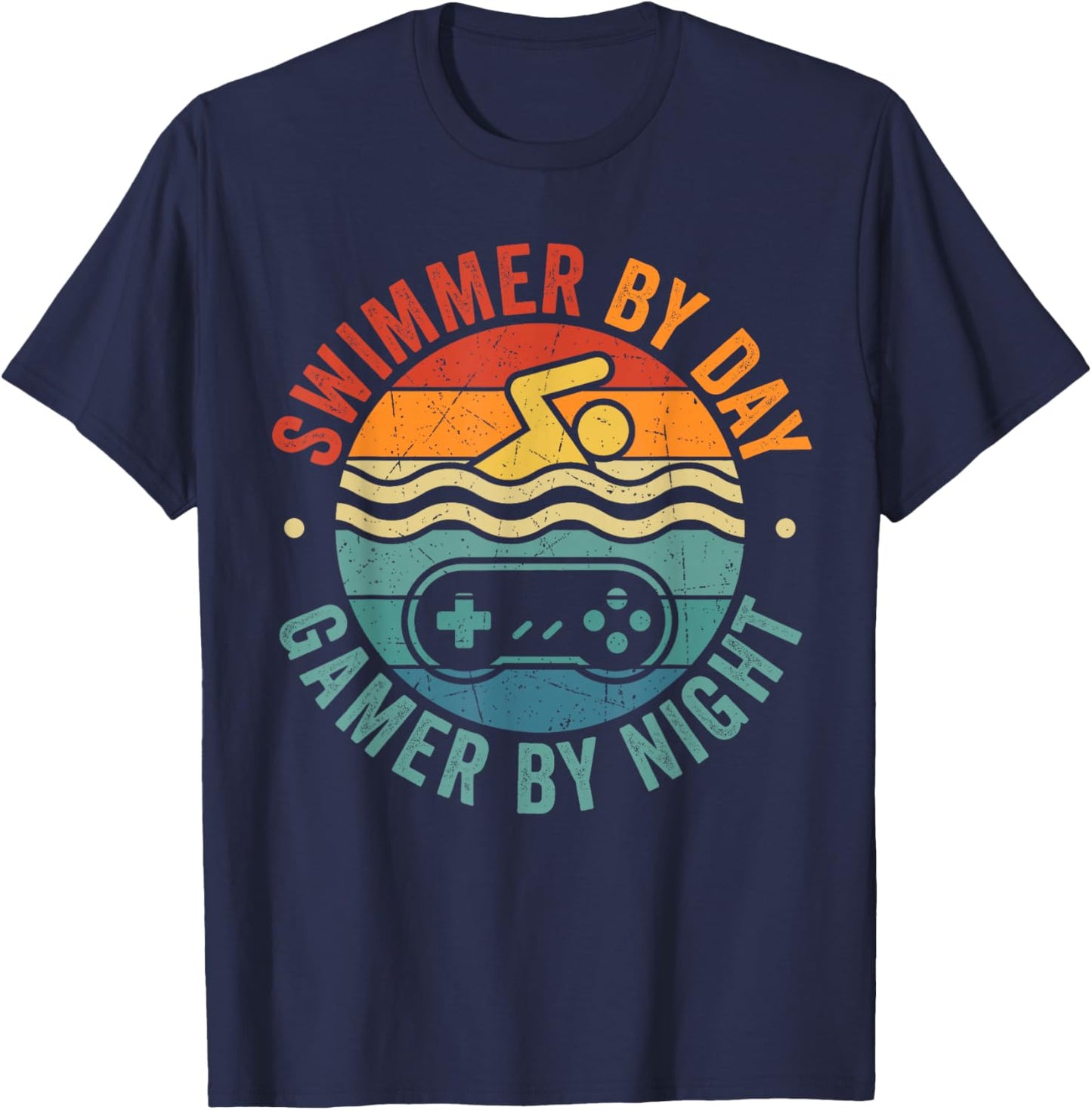 Swimmer by Day Gamer by Night Funny Swmming Gaming Boy Dad T-Shirt - T-Shirt | Navy