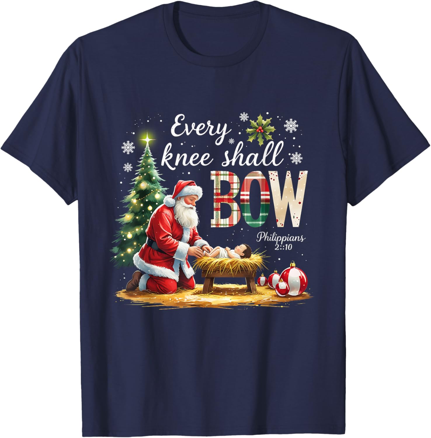 Every Knee Shall Bow Philippians 2:10 Christmas Design T-Shirt - T-Shirt | Navy