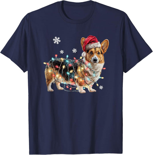 Funny Corgi Dog Santa Merry Christmas Lights T-Shirt - T-Shirt | Navy