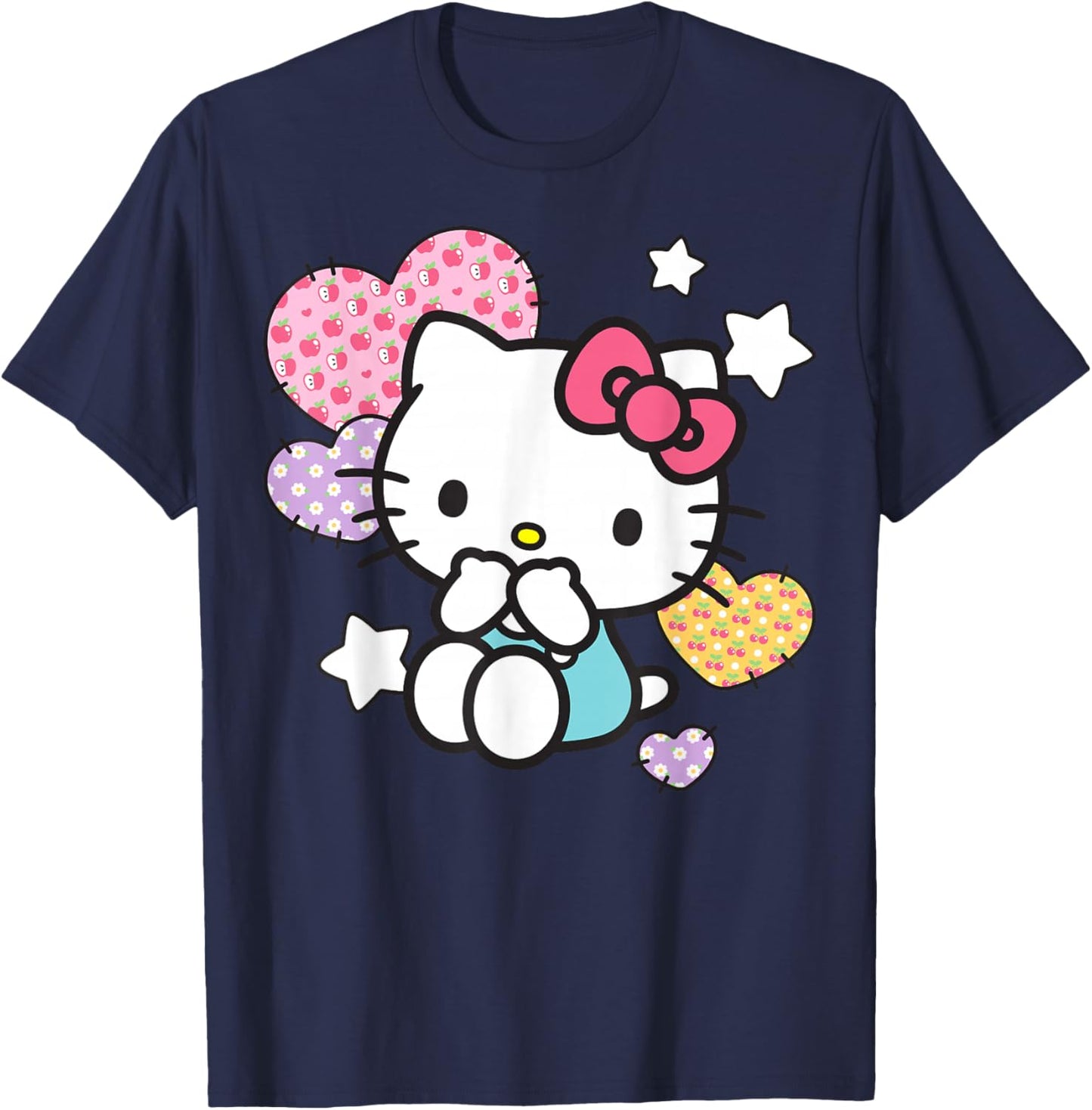 Hello Kitty Stars and Patched Hearts Apples Cherries Daisies T-Shirt - T-Shirt | Navy